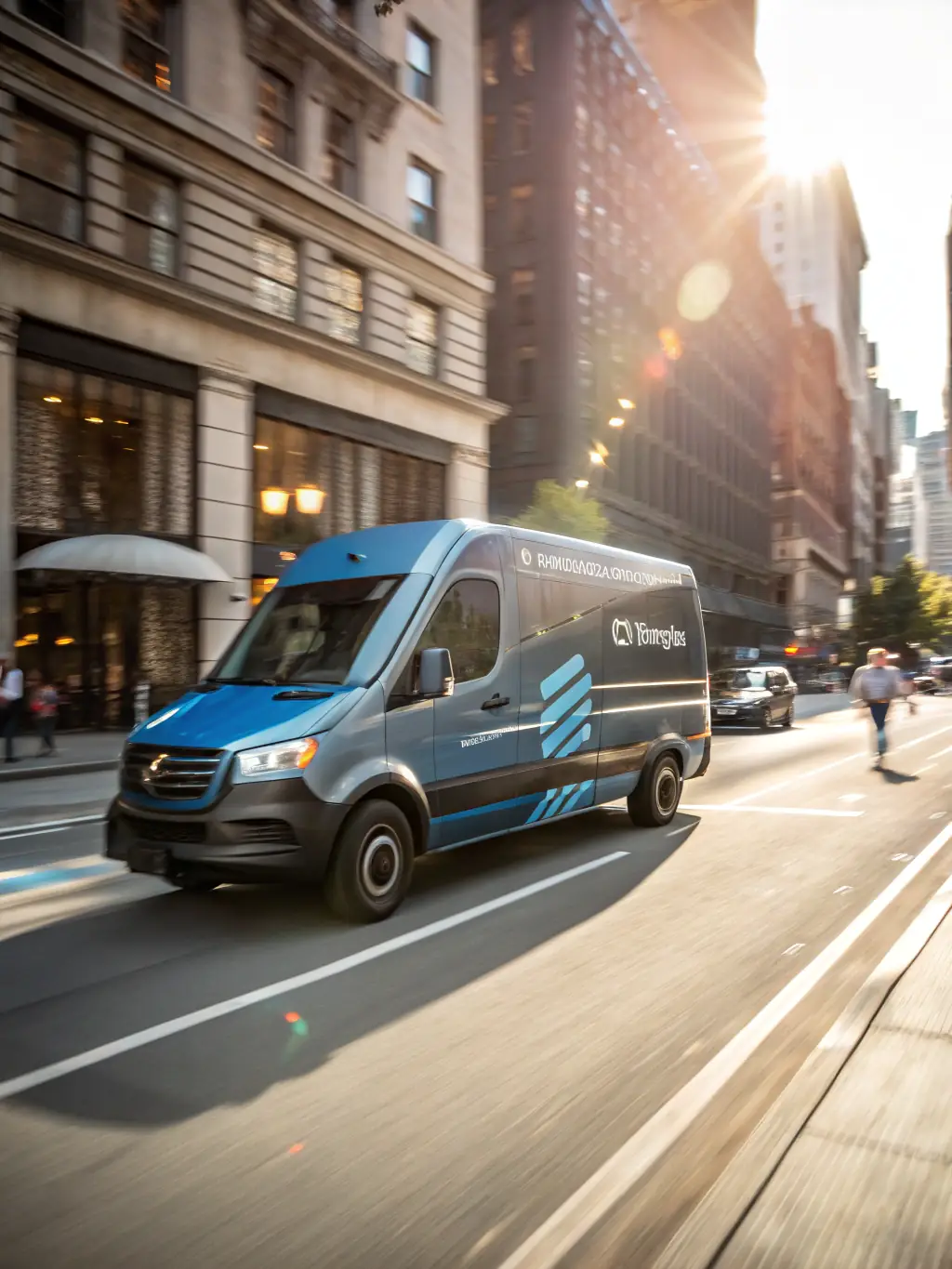 A high-speed delivery van racing against the clock in a bustling city, symbolizing Kernel Delivery's commitment to speed and efficiency.