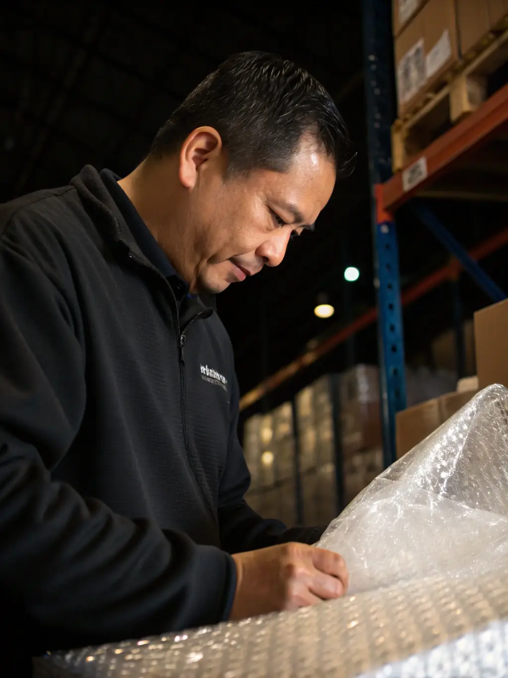 A courier carefully handling a fragile package, emphasizing the care and security Kernel Delivery provides for all shipments.