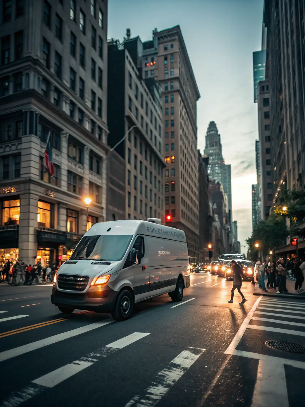 A high-quality photo of a Kernel Delivery courier van speeding down a city street, showcasing the express delivery service in action.