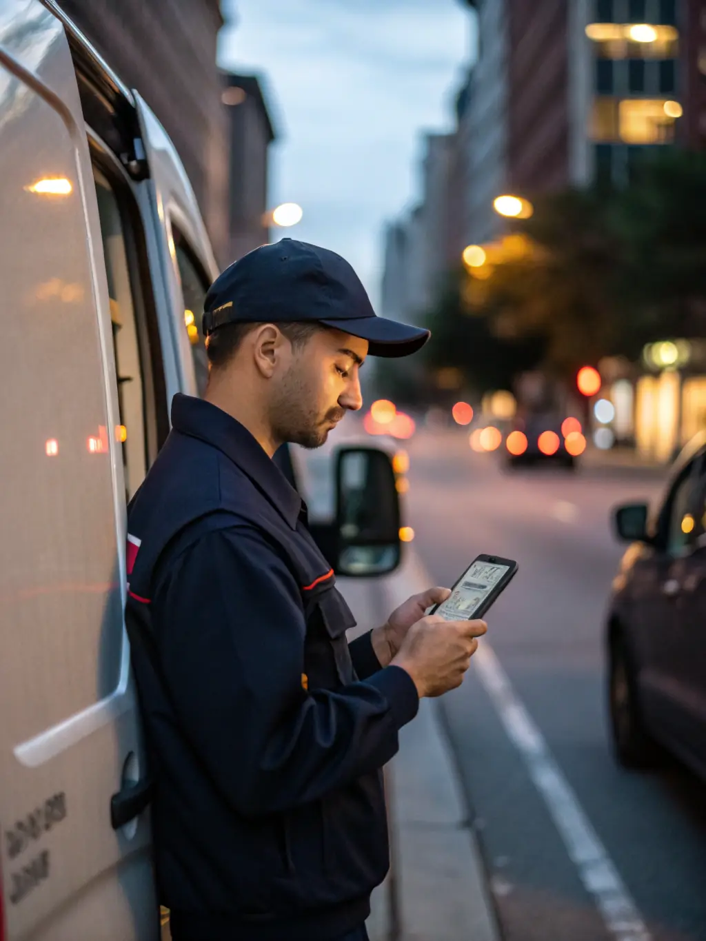 A photo of a Kernel Delivery courier using a mobile device to scan a package, illustrating the use of advanced tracking technology.